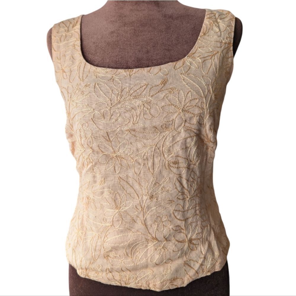 Embroidered linen blend coral scoop neck sleeveless top lined 4us small
